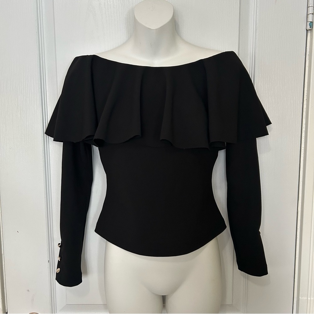 Black Ruffle Off-Shoulder Blouse Longsleeves